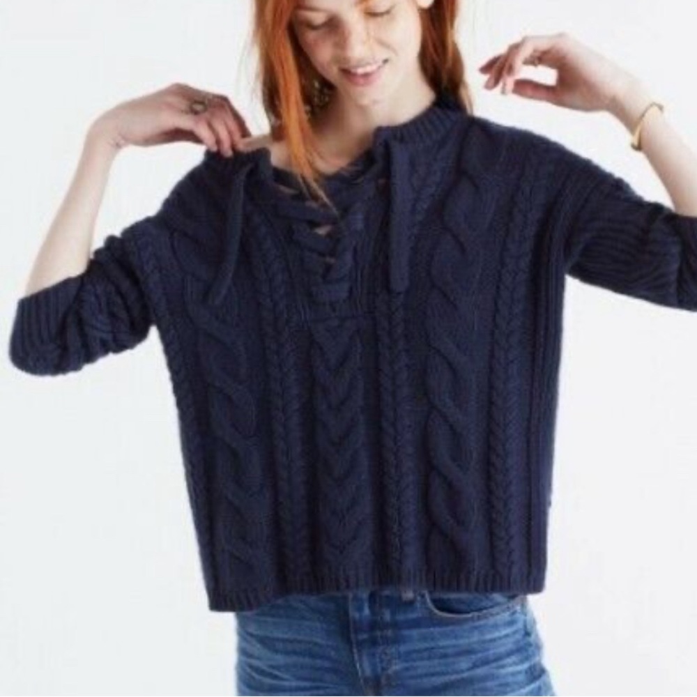 Madewell Merino Wool Blend Alpaca Lace-Up Pullover Cable Knit Sweater Small Blue